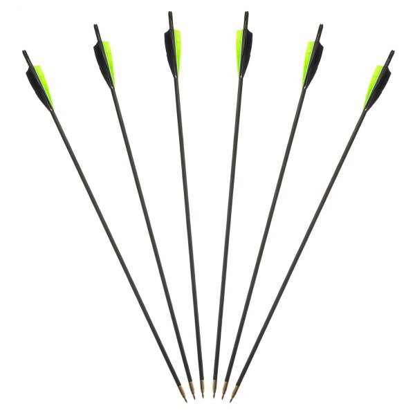 Pack of 6 standard wooden arrows with 3 x plain feathers. Design diameter: 11/32. Spine value: 51-55. Arrow length: 30 inches